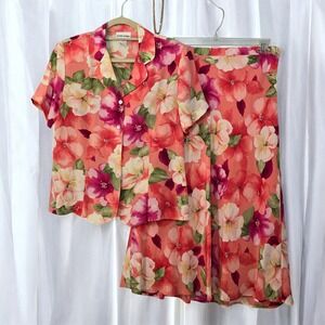 Alfred Dunner Floral‎ Silk Skirt Set Woman 12 Pink Bohemian Feminine Flowy Light